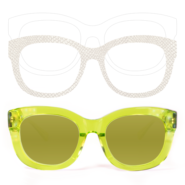 nude goggles Hellen Highwater Sunglasses – Neon Olive Lenses + Shimmer Nude Python & White Eyewear Appliqués
