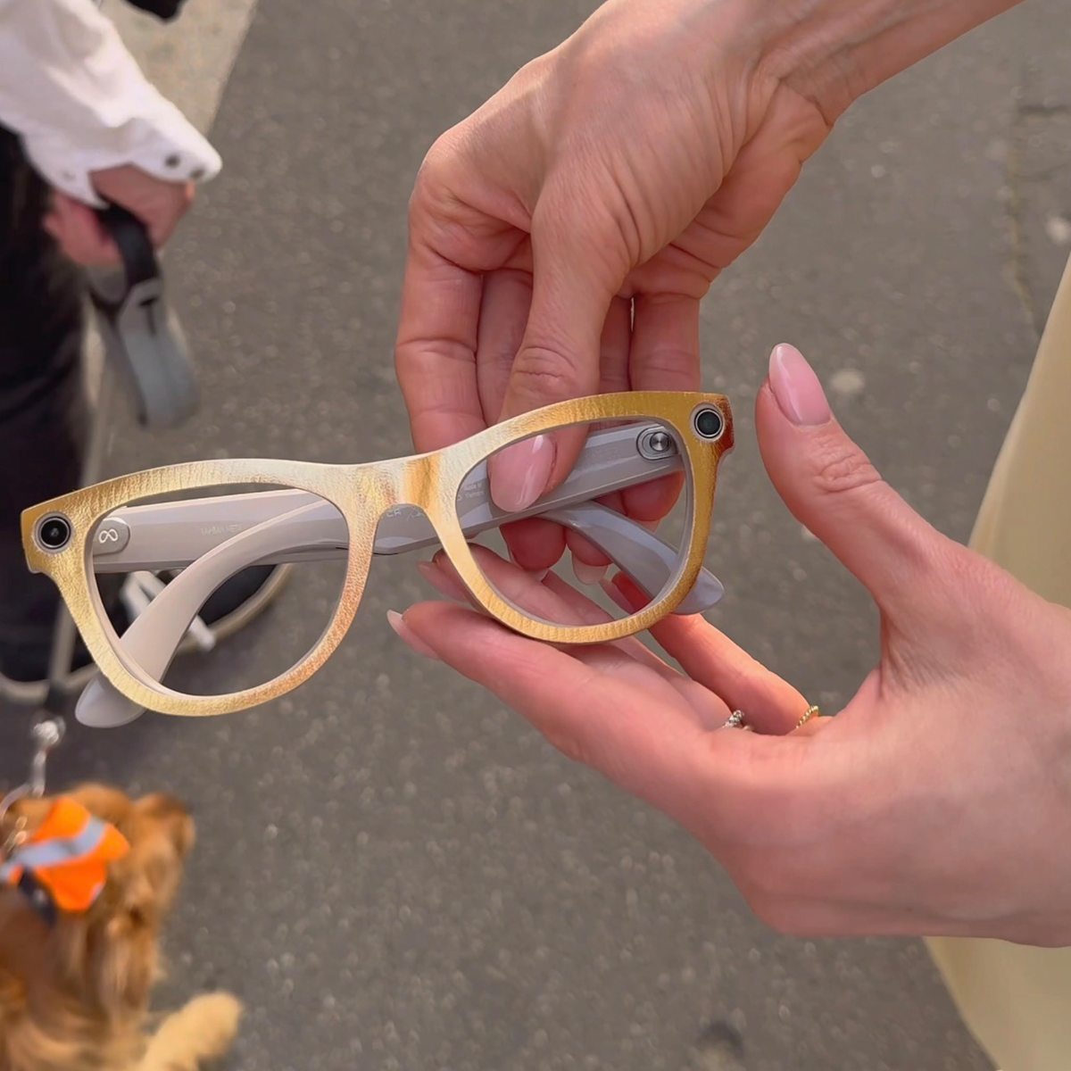 Burnished Gold smart glasses wrap applied to Ray-Ban Meta skyler frames