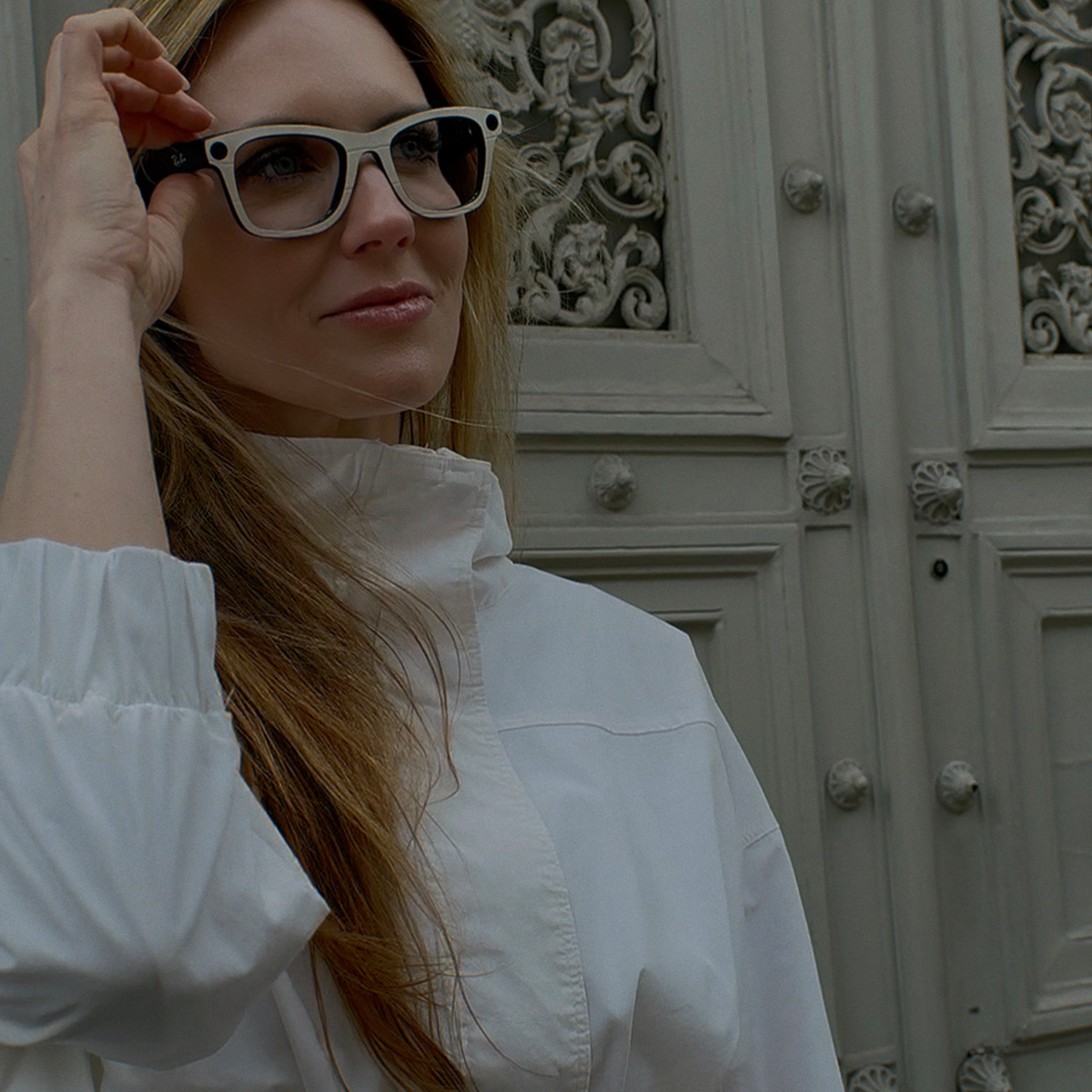 Gardenia Croc white smart glasses wrap applied to Ray-Ban Meta wayfarer frames