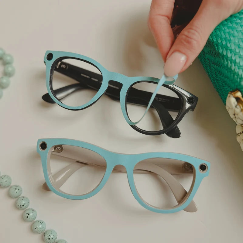 Matte Aqua powdery aqua AI glasses wrap on Ray-Ban Meta Headliner smart glasses
