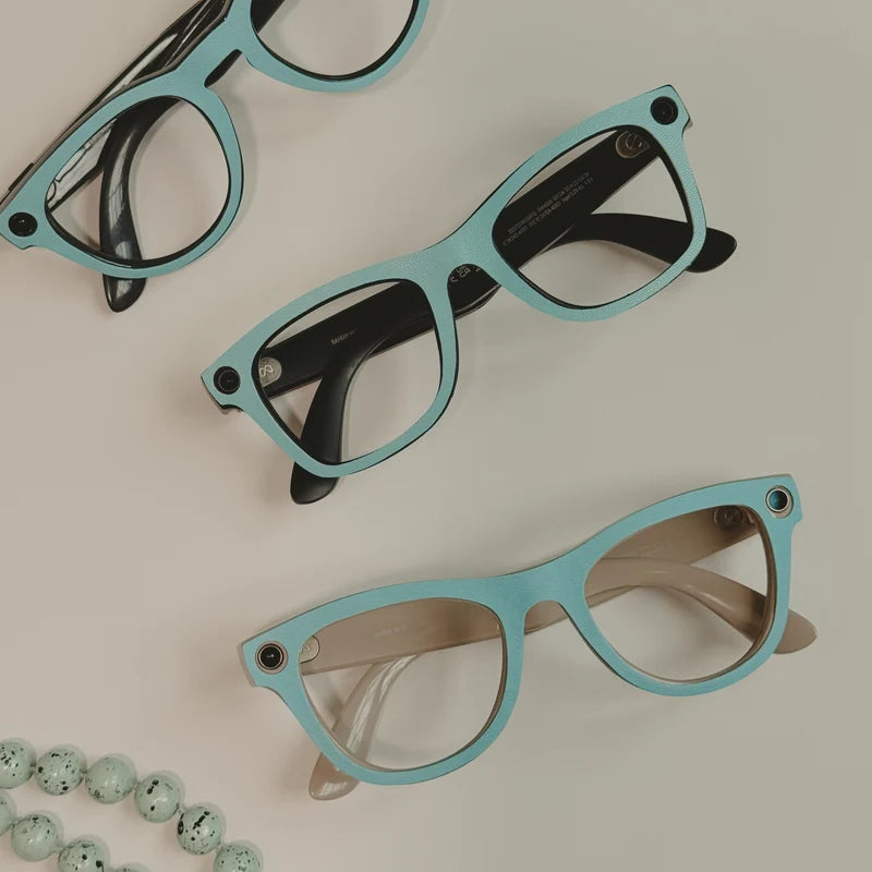 Matte Aqua powdery aqua AI glasses wrap on Ray-Ban Meta Wayfarer Large glasses