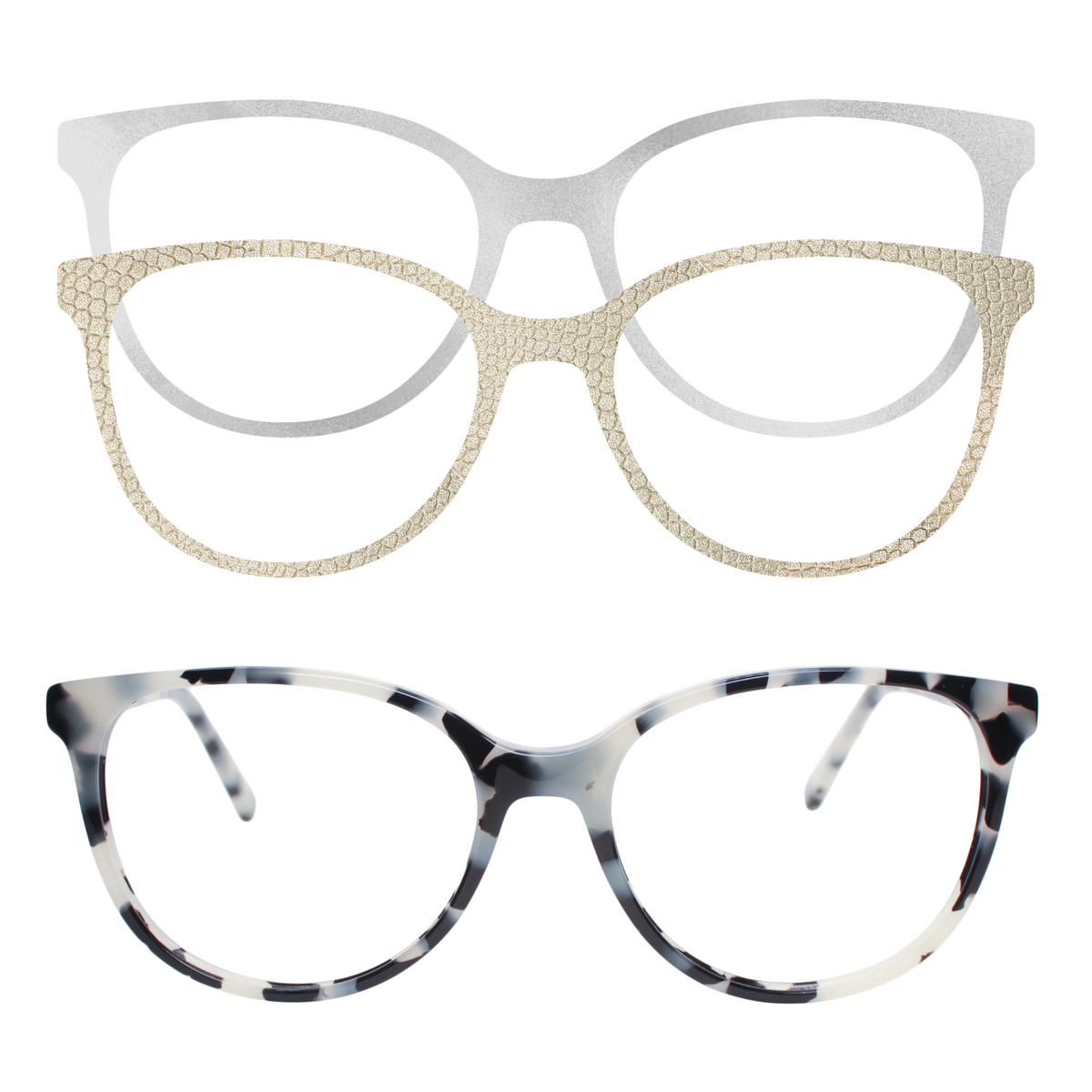 Starr Queen Readers – Eco Tortoise with Shimmer Silver &amp; Nude Python Appliqués