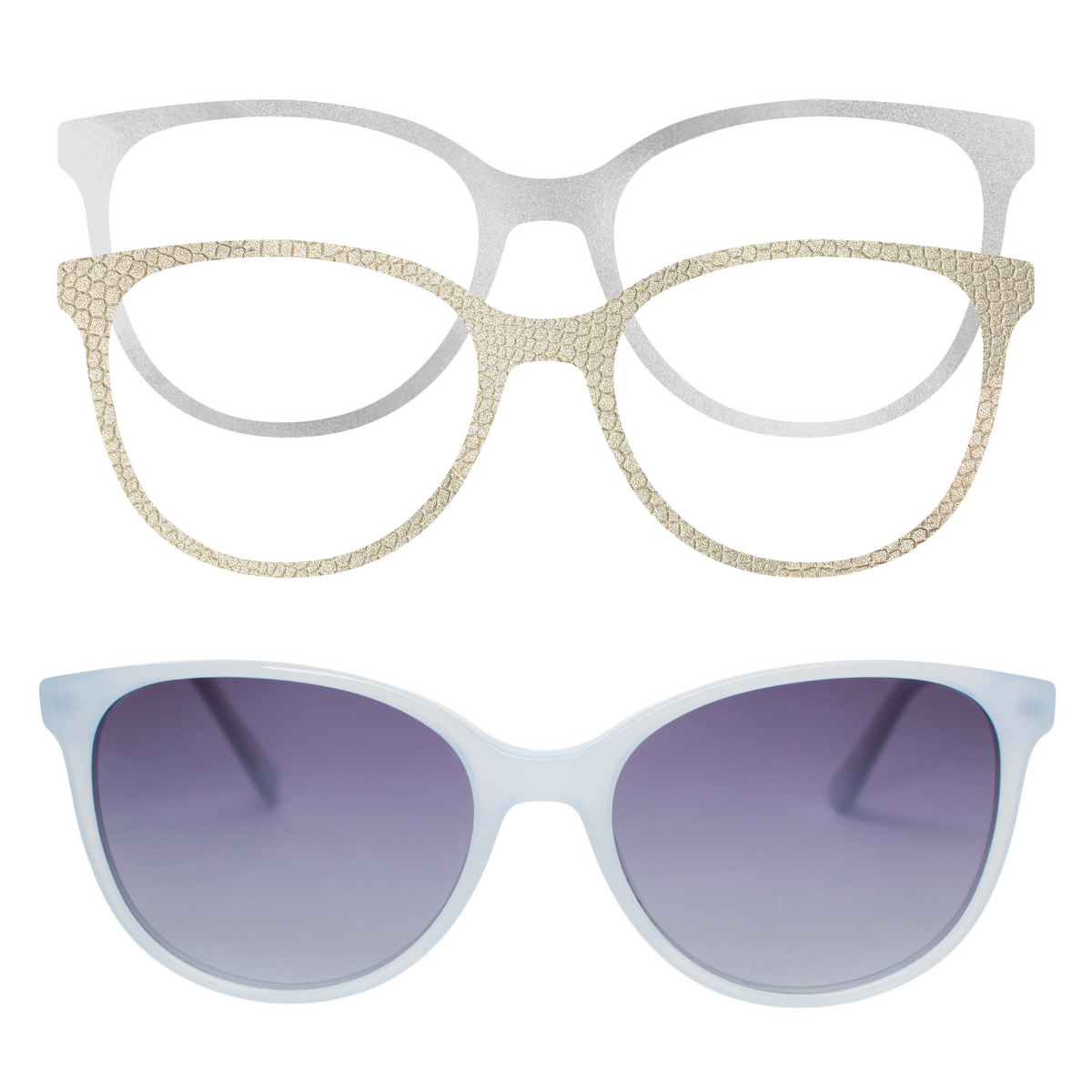 Starr Queen Sunglasses – Sky Mist with Smoke Gradient + Shimmer Silver &amp; Nude Python Appliqués
