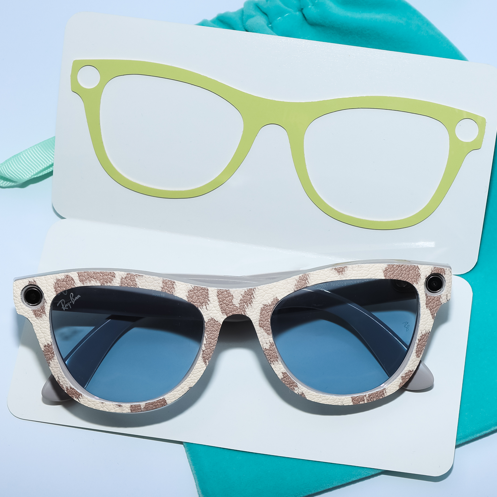 Green Room set, Chartreuse Gloss and Milan Leopard AI glasses wraps on Ray-Ban Meta skyler glasses