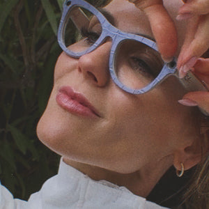 Periwinkle Croc blue smart glasses wrap applied to Ray-Ban Meta skyler frames