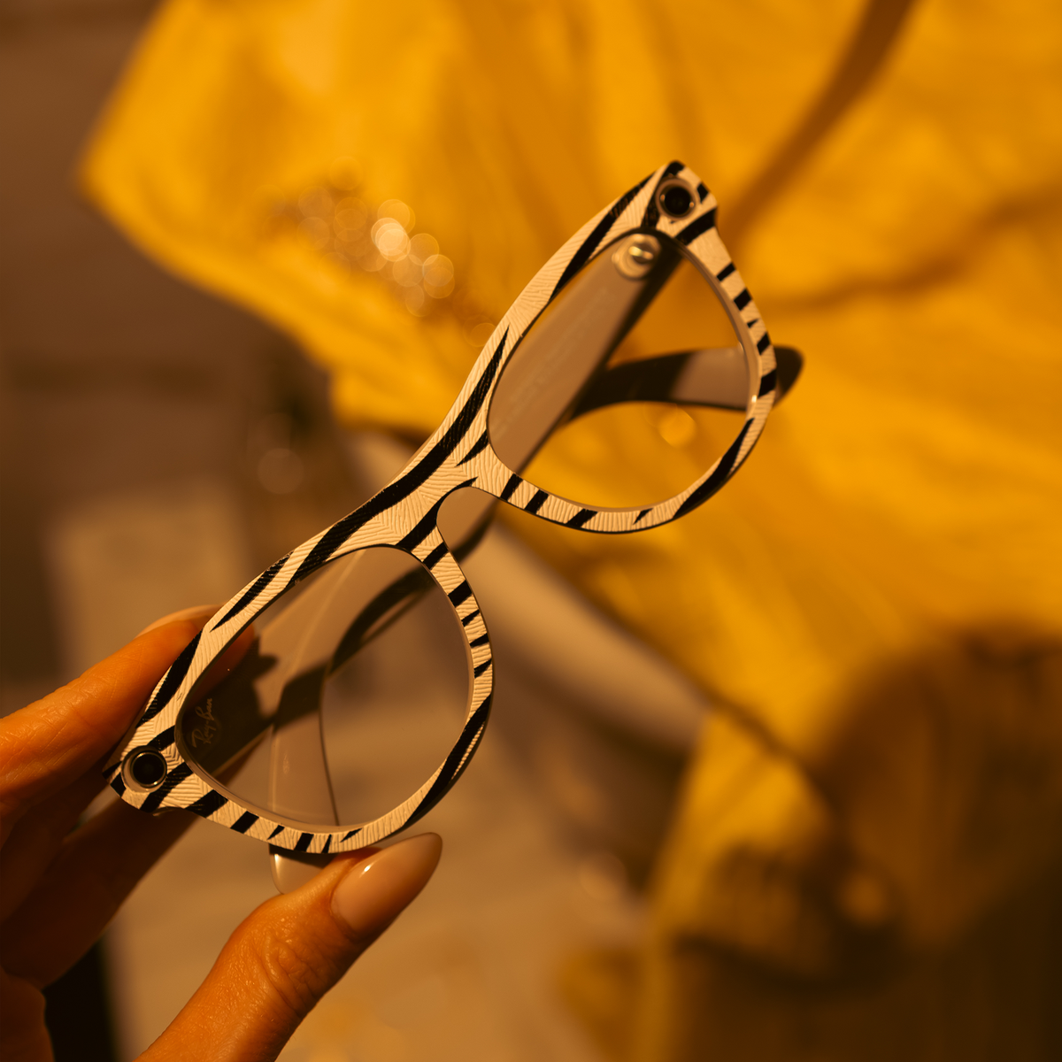 White Zebra AI glasses wrap on Ray-Ban Meta Skyler smart glasses, from the Wild Things Set