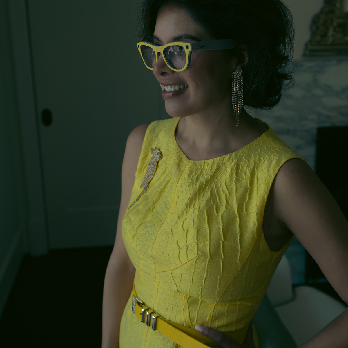 Sunny Python yellow AI glasses wrap worn on Ray-Ban Meta smart glasses, from the Wild Things Set